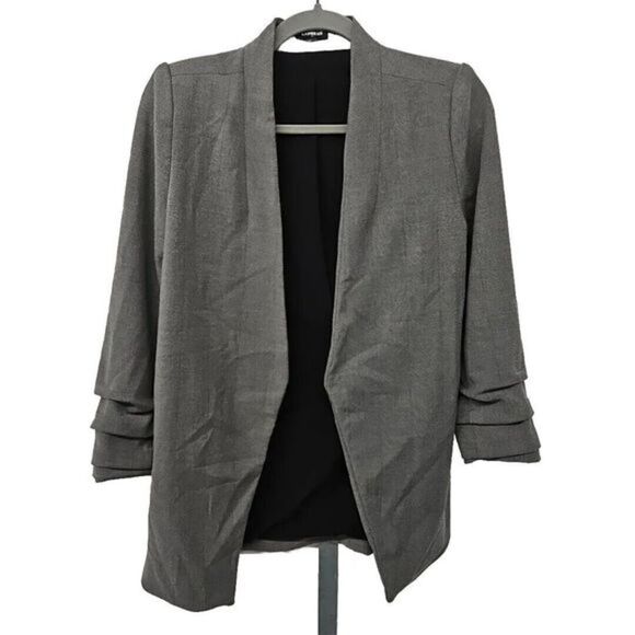 Express Herringbone Open Blazer Ruched Sleeve XS Gray Office Contemporary - Picture 1 of 5